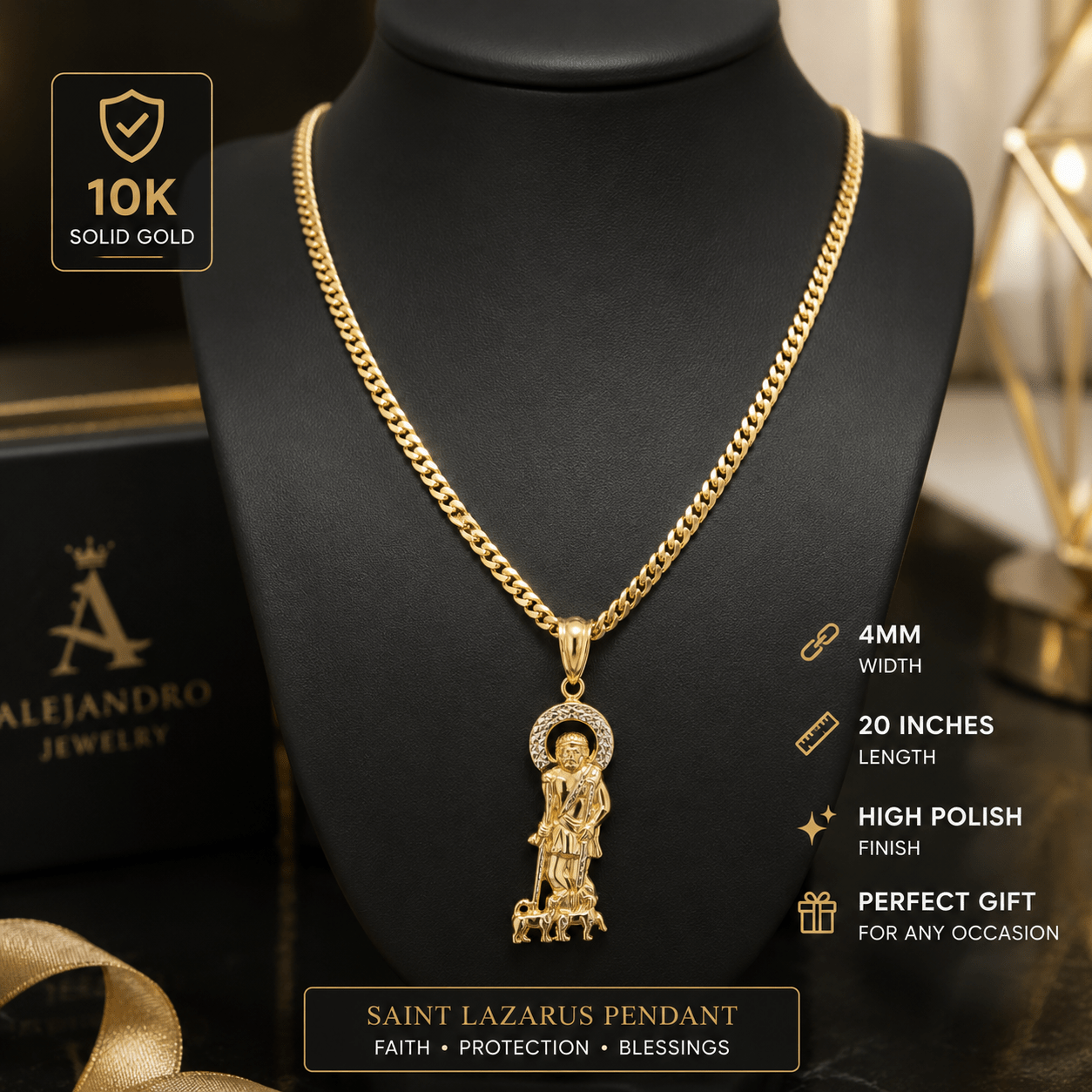 10K Gold Cuban Link Chain with Saint Lazarus Pendant - Alejandro Jewelry LLC
