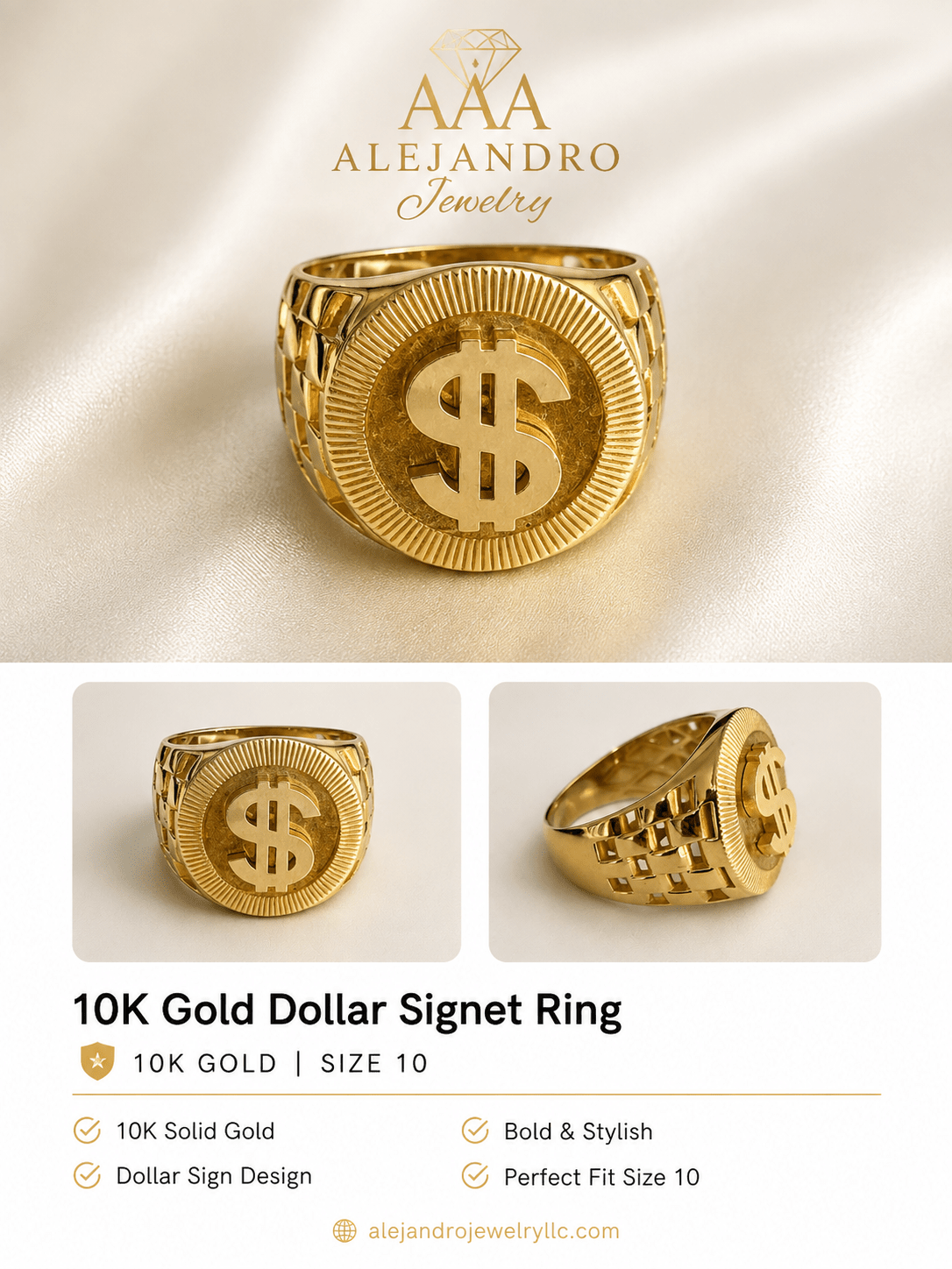 10K Gold Dollar Sign Ring - Alejandro Jewelry AAA