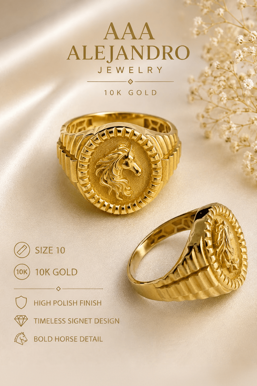 10K Gold Horse Signet Ring - Alejandro Jewelry AAA