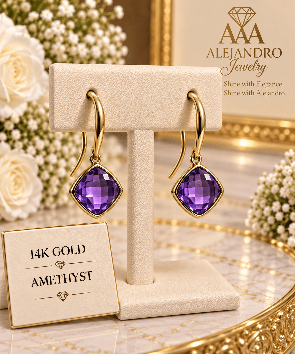 14K Gold Amethyst Drop Earrings - Alejandro Jewelry AAA