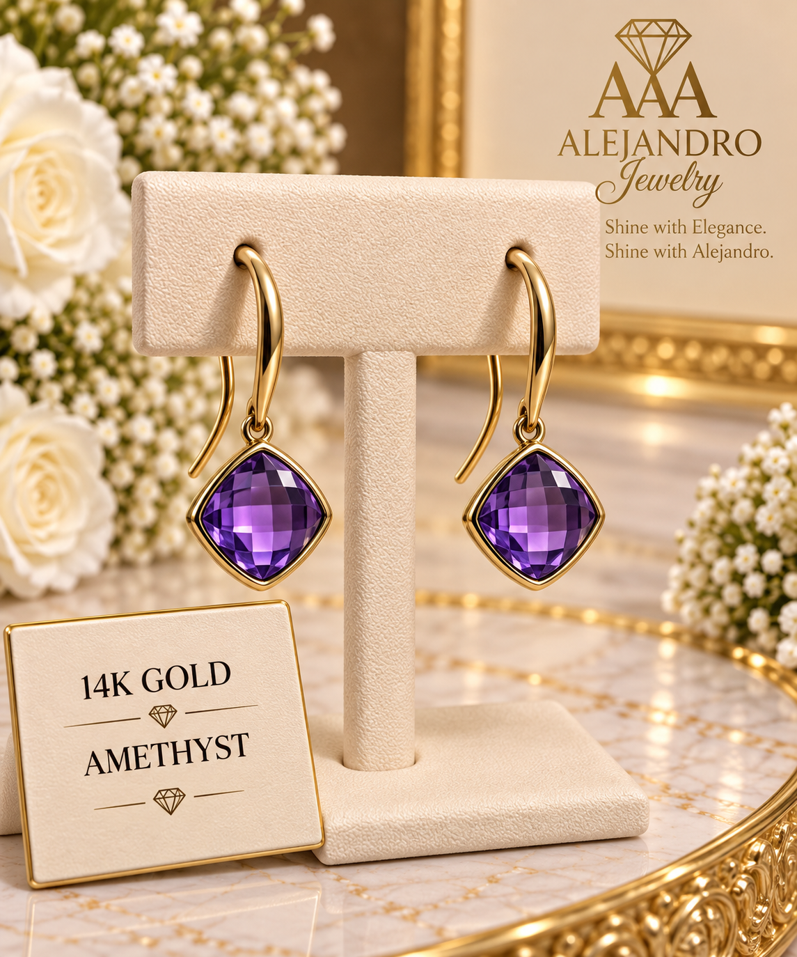 14K Gold Amethyst Drop Earrings