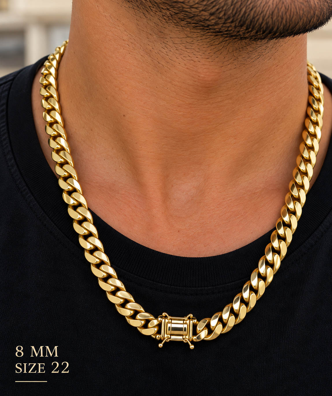 Men's 10K yellow gold semi-solid Cuban link chain, 8.2mm, size 22, with box clasp