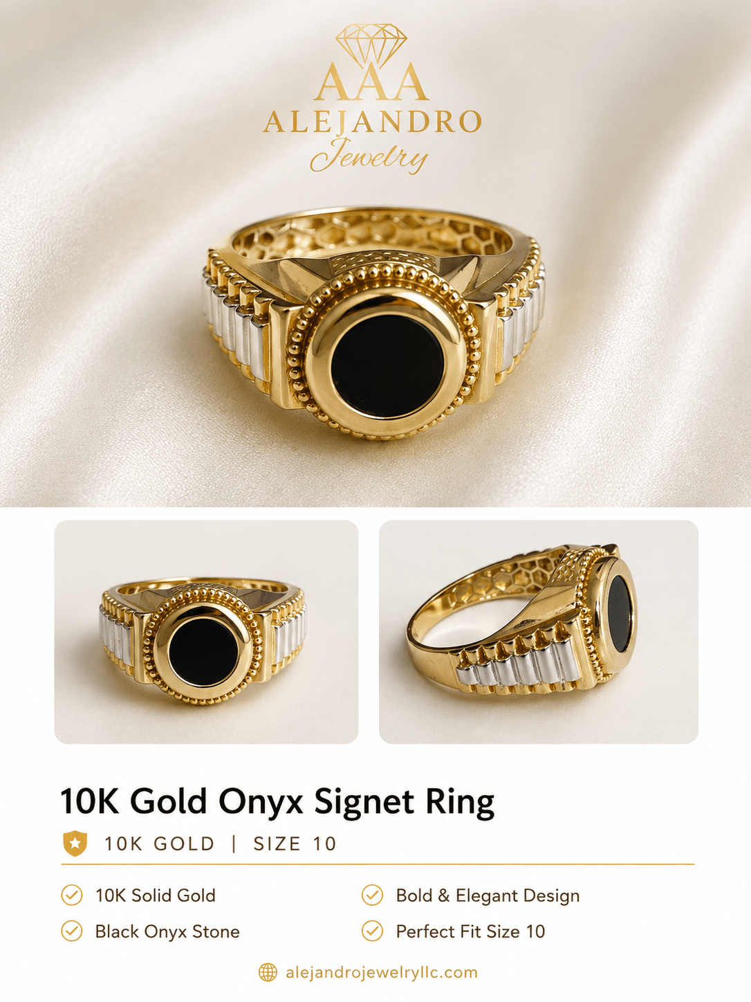 10K Gold Black Onyx Ring - Alejandro Jewelry AAA