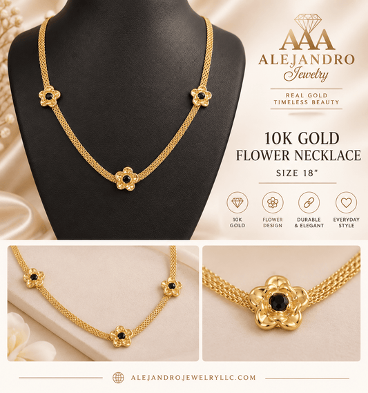 10K Gold Black Stone Flower Necklace - Alejandro Jewelry AAA