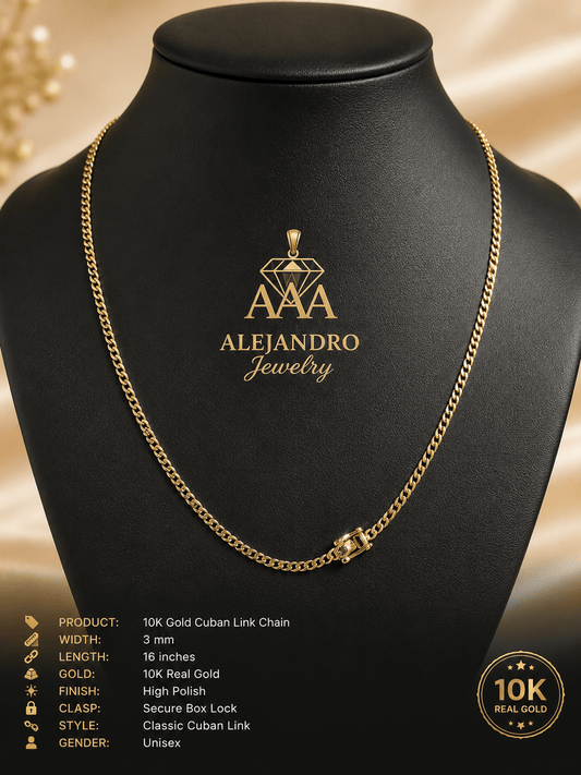 10K Gold Cuban Link Chain 3mm - Alejandro Jewelry AAA