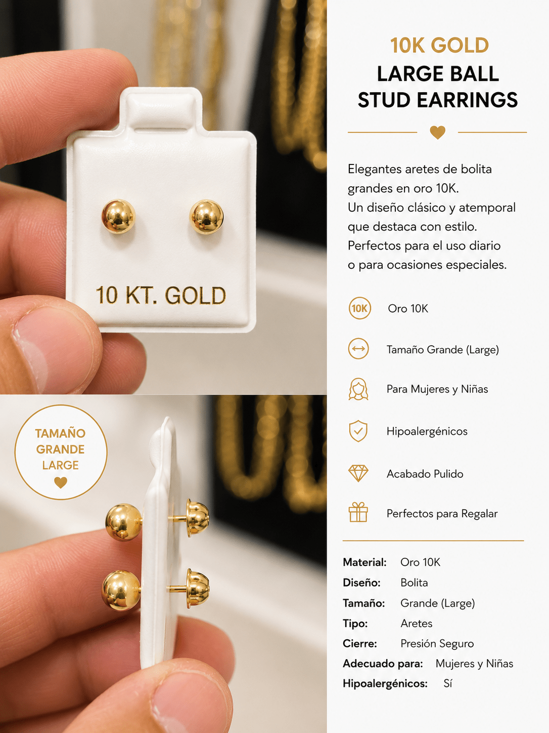 10K Gold Large Ball Stud Earrings - Alejandro Jewelry AAA