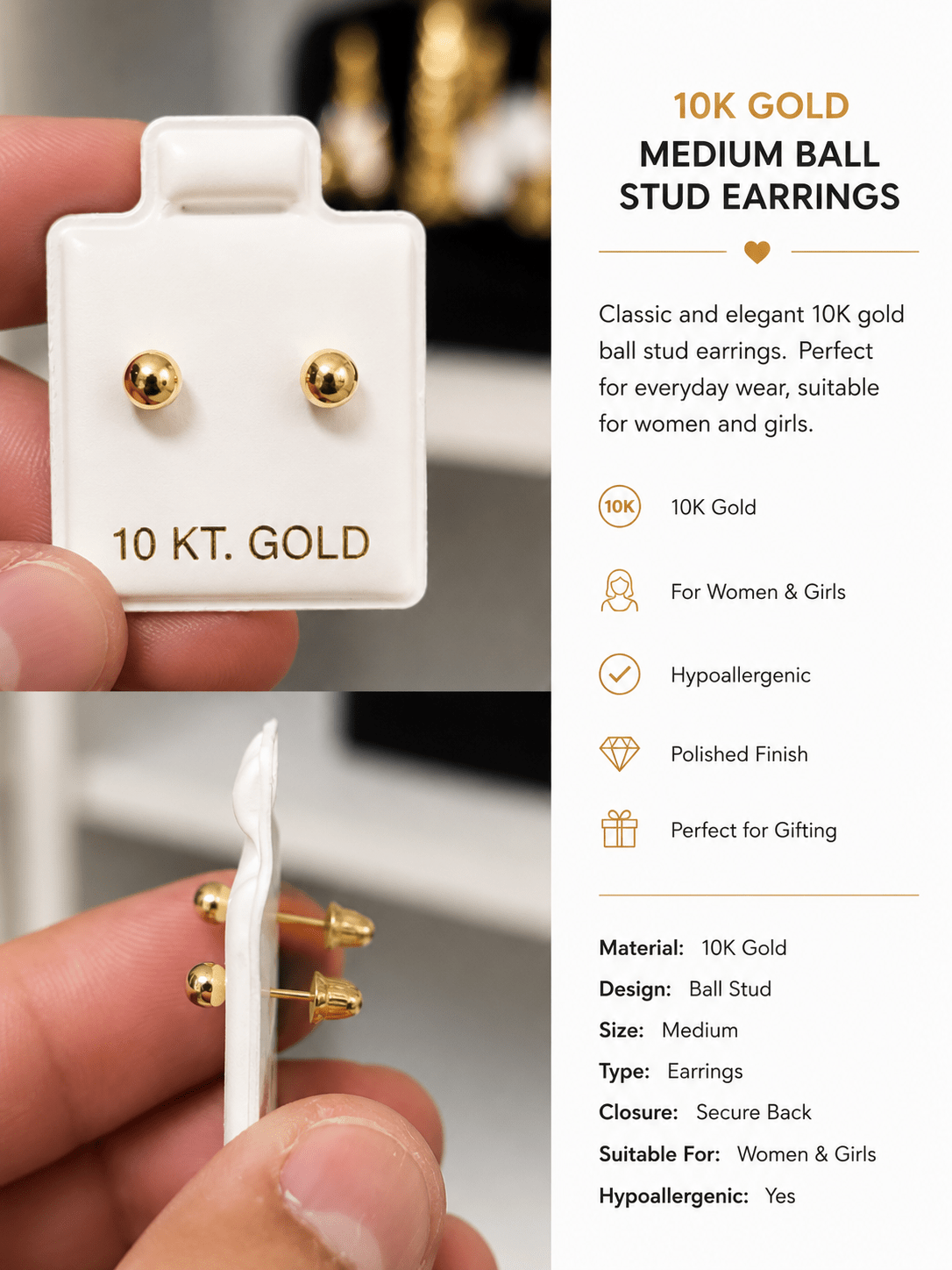 10K Gold Medium Ball Stud Earrings - Alejandro Jewelry AAA