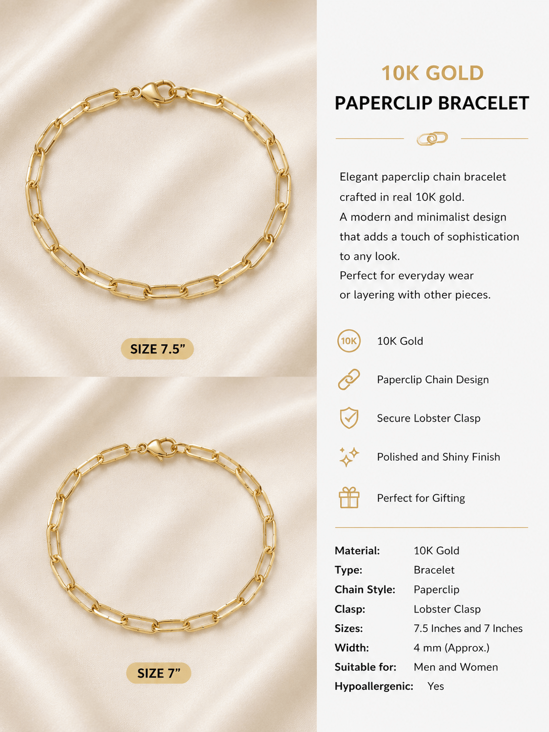 10K Gold Paperclip Bracelet – 3.7mm - Alejandro Jewelry AAA