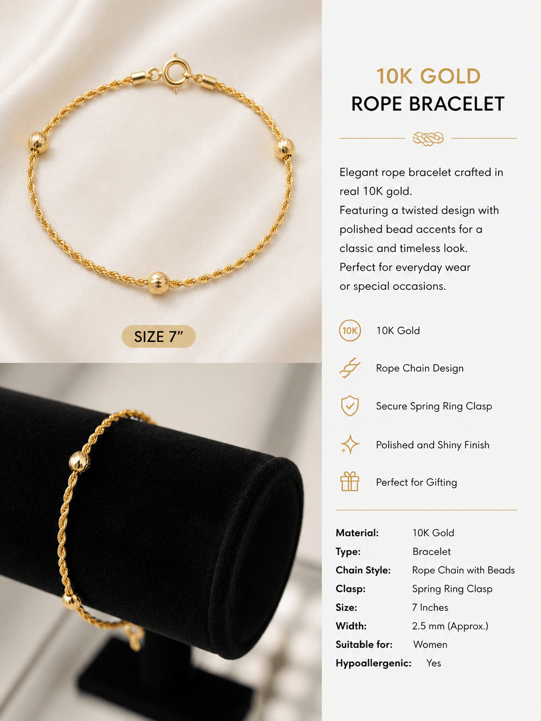10K Gold Rope Bracelet with Bead Accents - Alejandro Jewelry AAA
