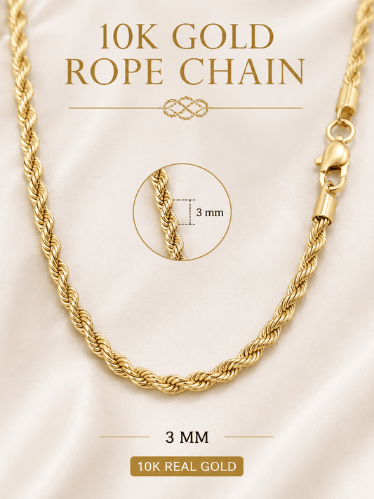 10K Gold Rope Chain 3mm - Alejandro Jewelry AAA