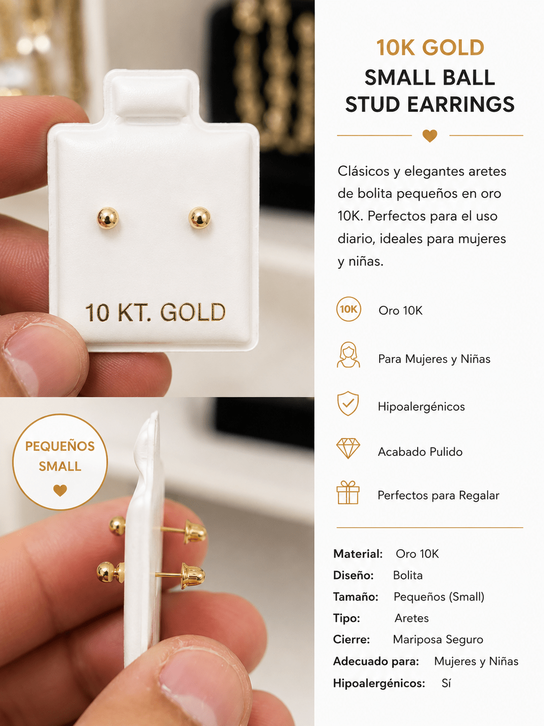 10K Gold Small Ball Stud Earrings - Alejandro Jewelry AAA