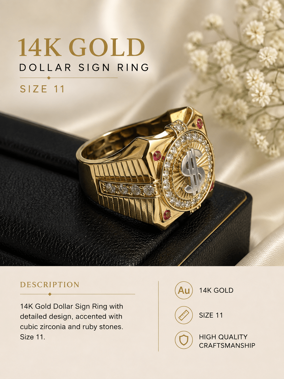 14K Gold Dollar Sign Ring – Size 11 - Alejandro Jewelry AAA