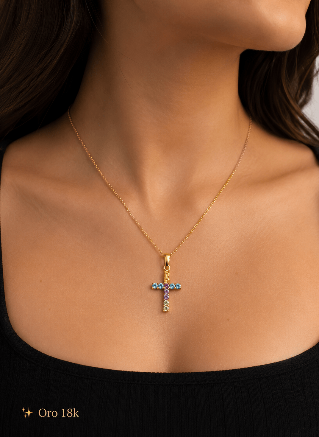 18K Solid Gold Cross Necklace with Natural Sapphire Gemstones – 18 - Alejandro Jewelry LLC