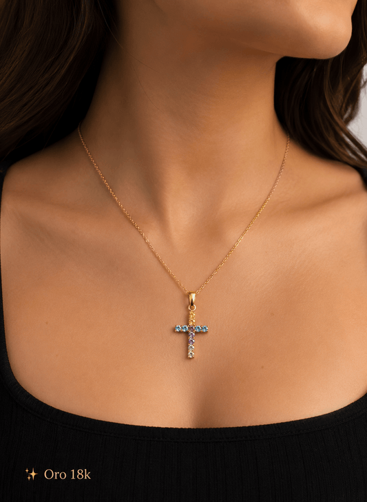 18K Solid Gold Cross Necklace with Natural Sapphire Gemstones – 18 - Alejandro Jewelry LLC