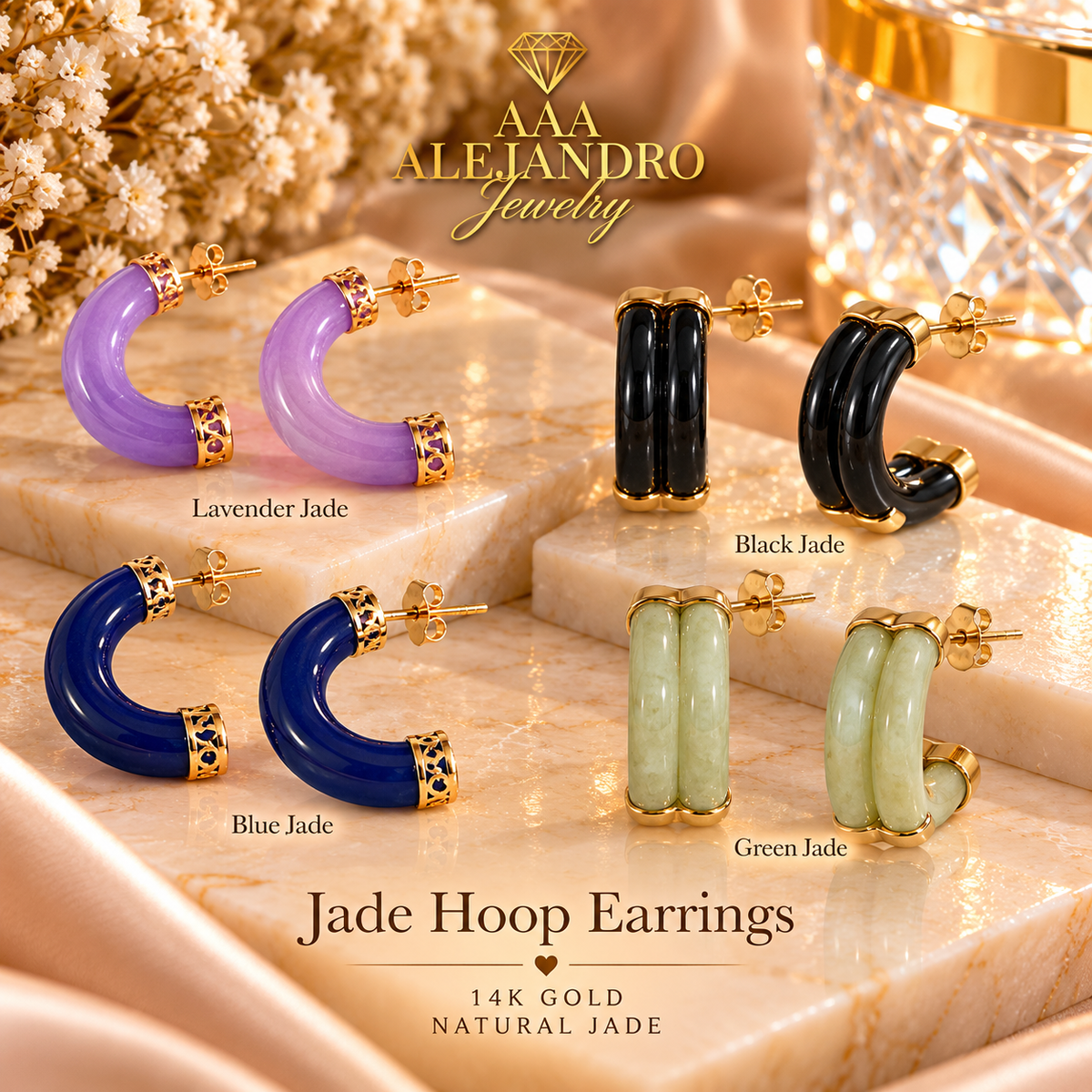14K Yellow Gold Natural Jade Hoop Earrings