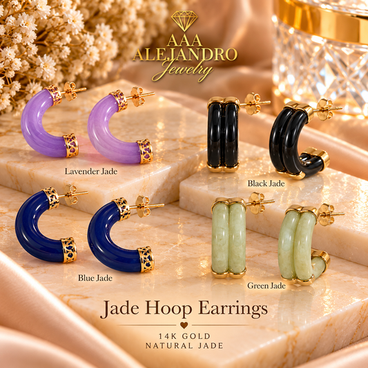 14K Yellow Gold Natural Jade Hoop Earrings