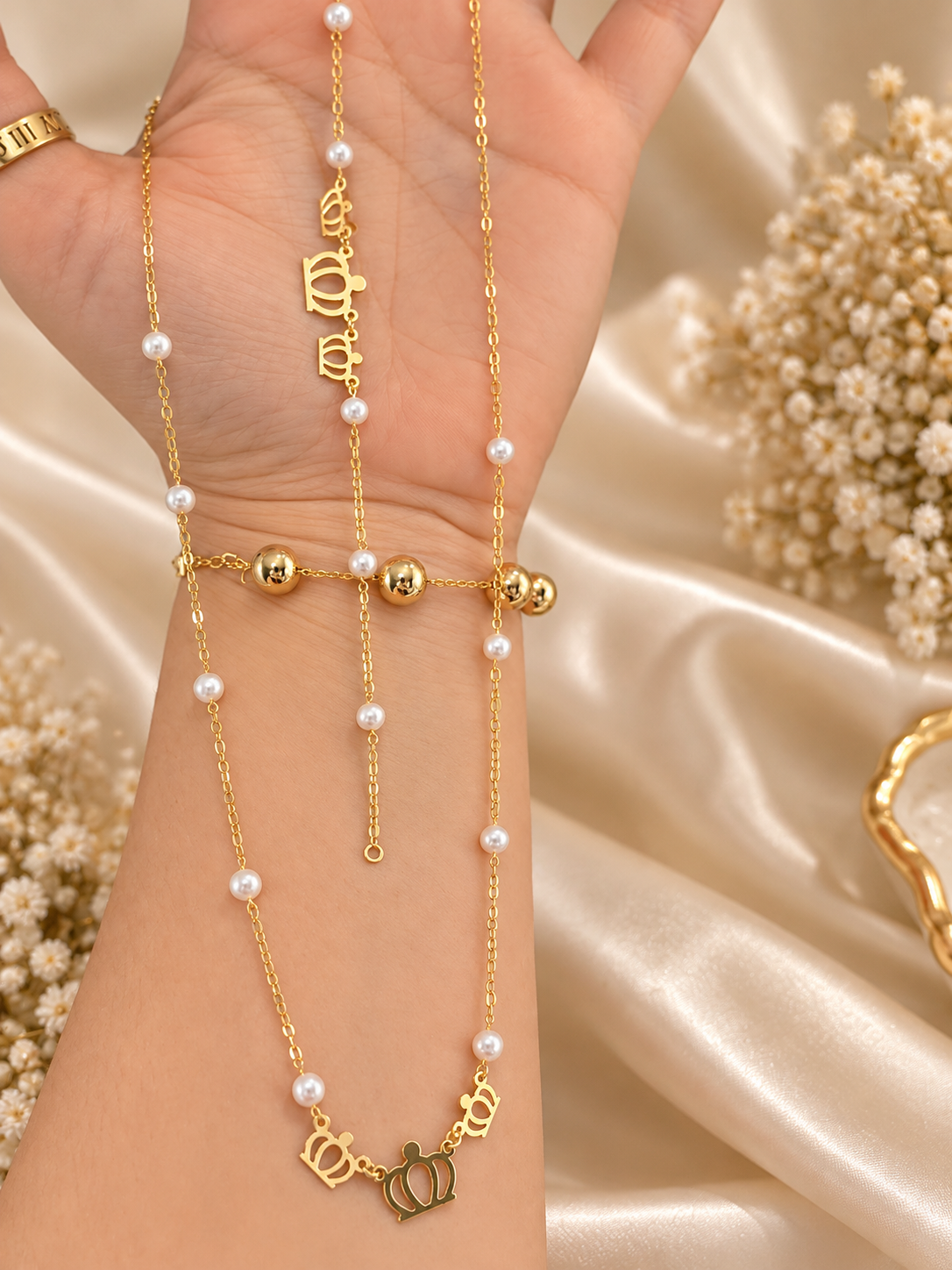 10K gold crown charm necklace with pearls and matching bracelet - Alejandro Jewelry