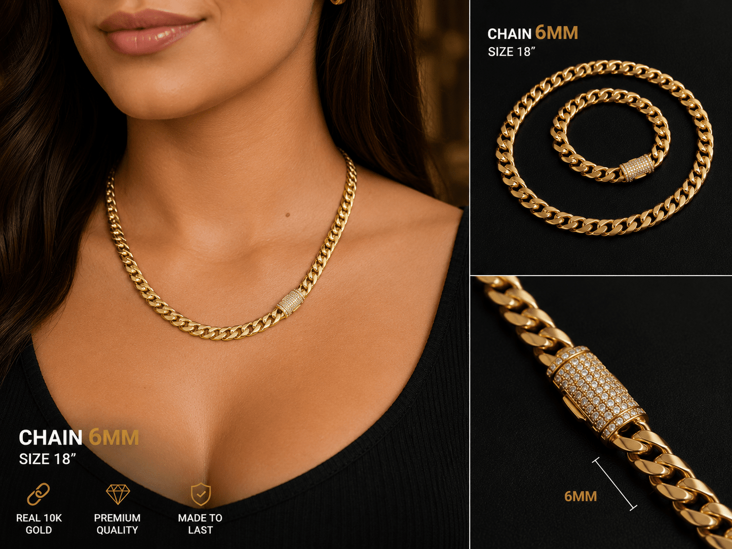 6MM Chain – Size 18” | Real 10K Gold Semi-Solid - Alejandro Jewelry LLC