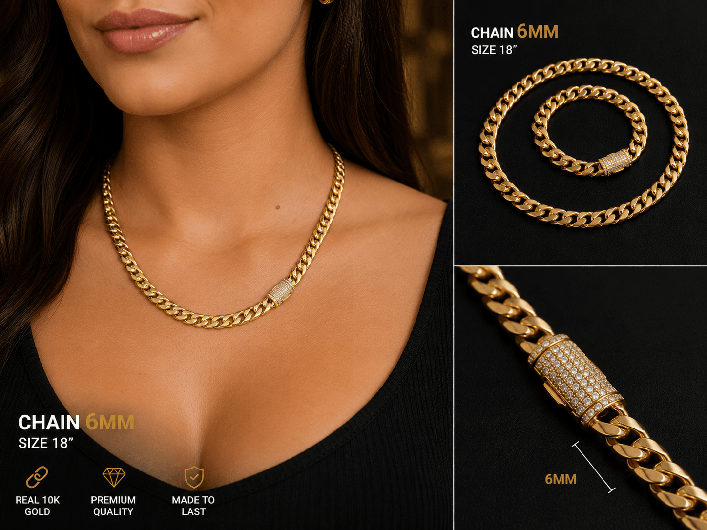 6MM Chain – Size 18” | Real 10K Gold Semi-Solid - Alejandro Jewelry LLC