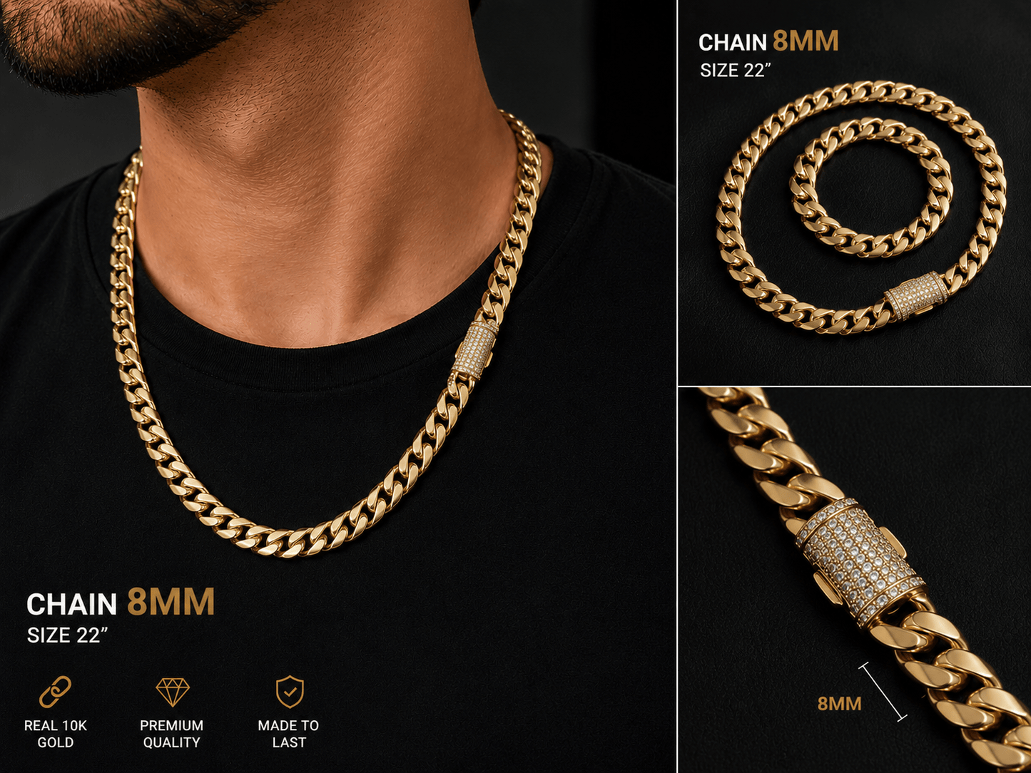 8MM Chain – Size 22” | Real 10K Gold Semi-Solid - Alejandro Jewelry LLC
