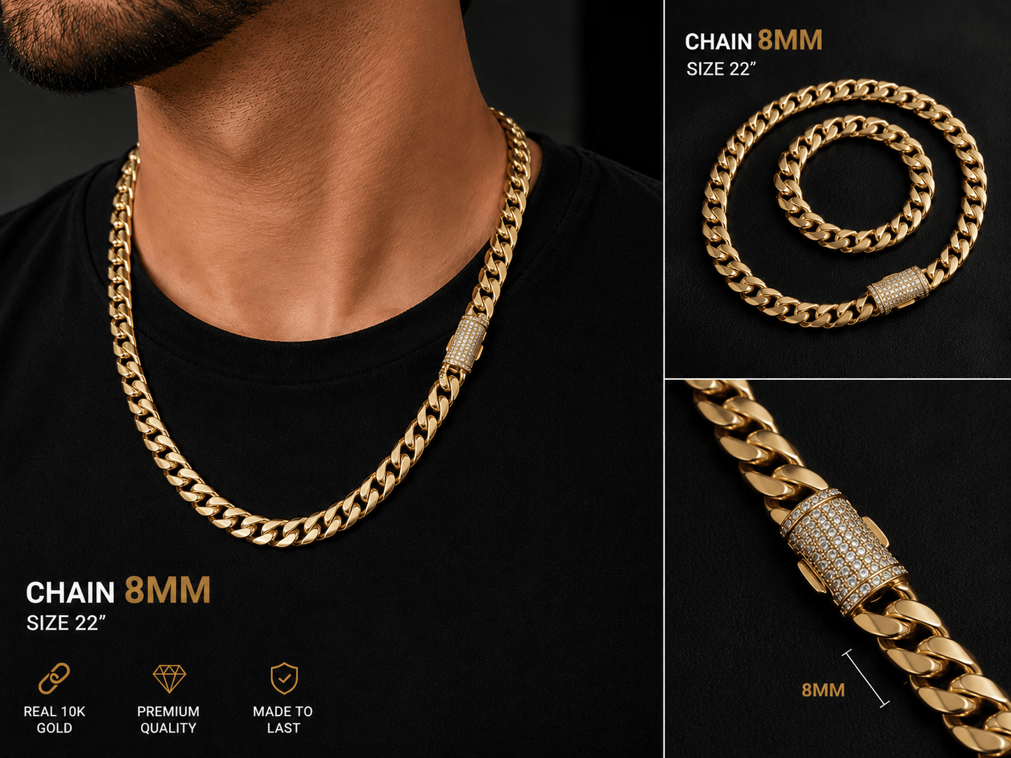 8MM Chain – Size 22” | Real 10K Gold Semi-Solid - Alejandro Jewelry LLC
