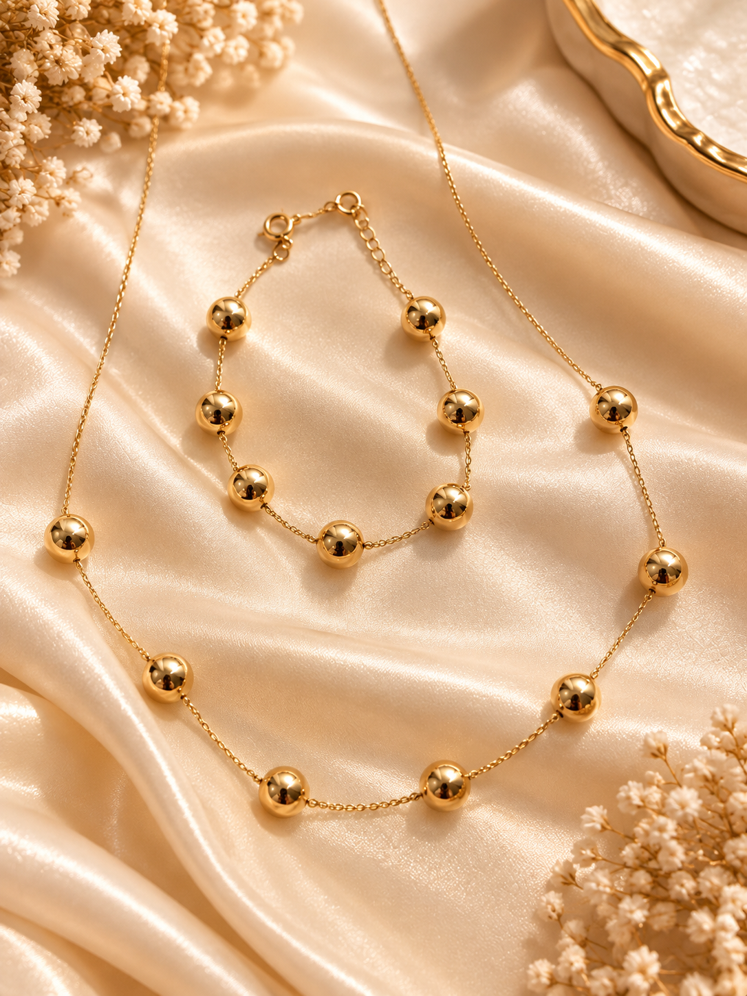10K gold ball station chain necklace and matching bracelet, adjustable - Alejandro Jewelry