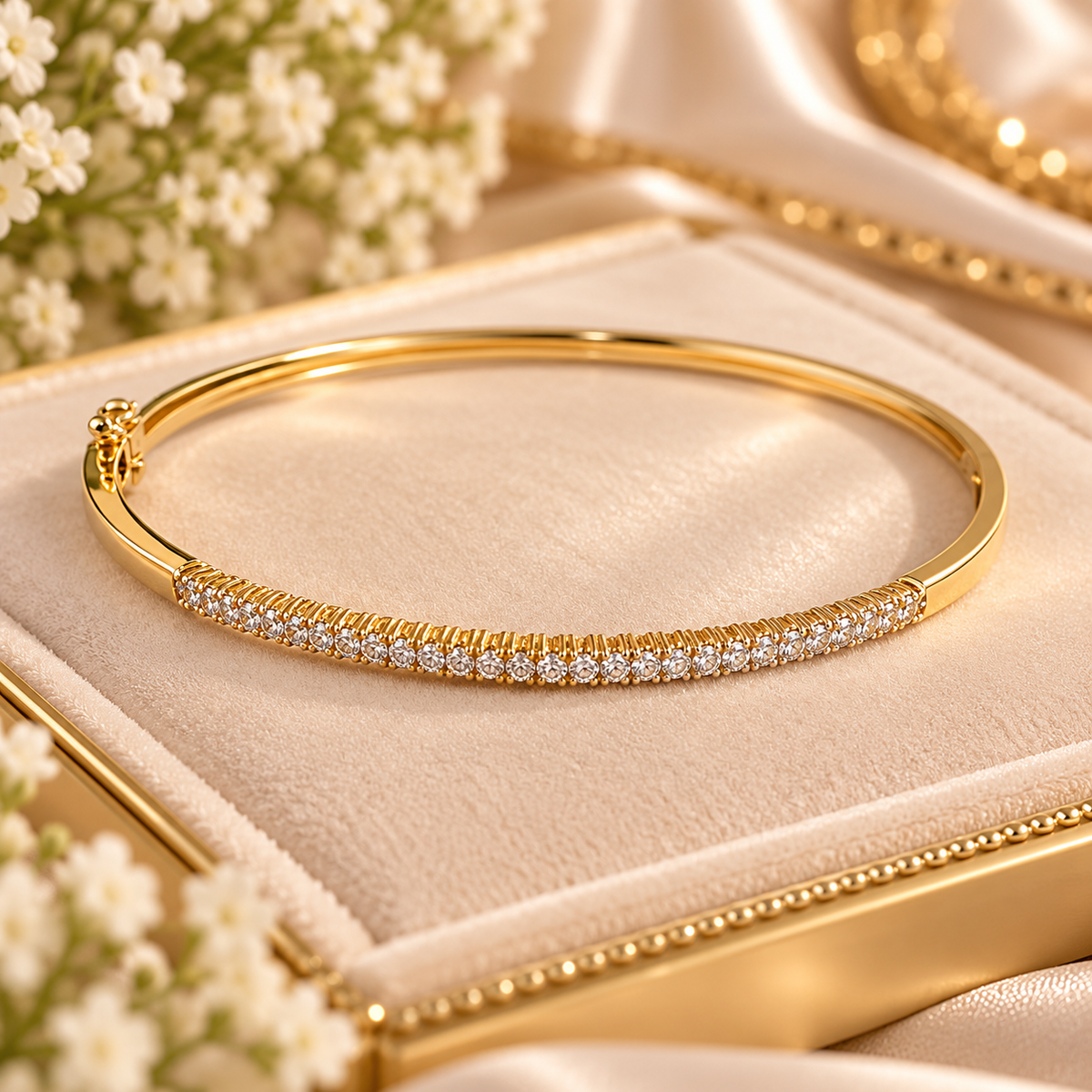 14K yellow gold diamond bangle bracelet with a single row of diamonds, size 7