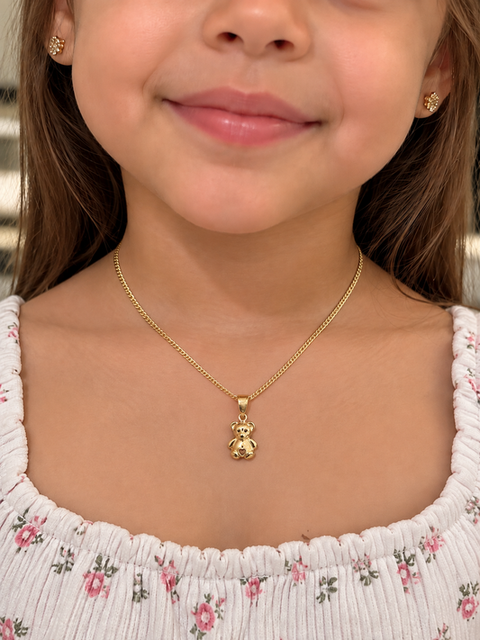 10K gold teddy bear pendant on 1mm solid Cuban link chain, 16 inch - Alejandro Jewelry