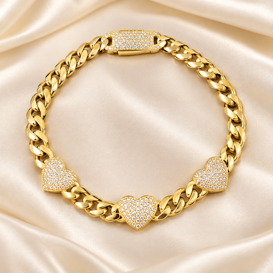 10K Yellow Gold Cuban Link Bracelet with Three Hearts – 5mm, Size 8