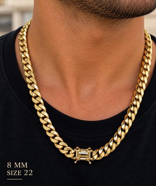 Men's 10K yellow gold semi-solid Cuban link chain, 8.2mm, size 22, with box clasp