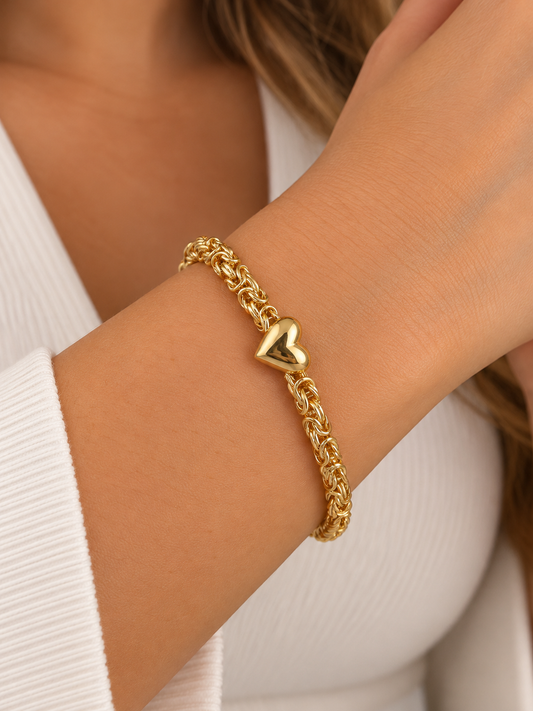 10K yellow gold Byzantine bracelet with puffed heart, 5mm, size 7