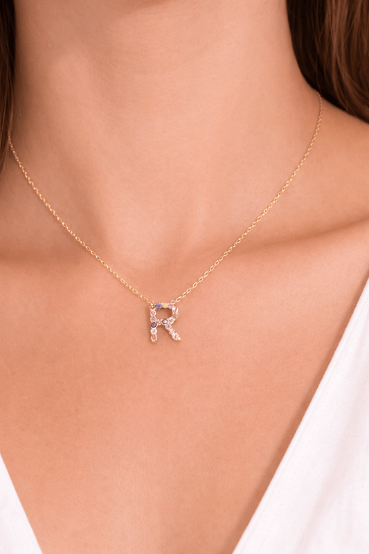 Beautiful chain for ladies with initial R with sapphire stones of natural gold colors 18k real size 18 - Alejandro Jewelry LLC