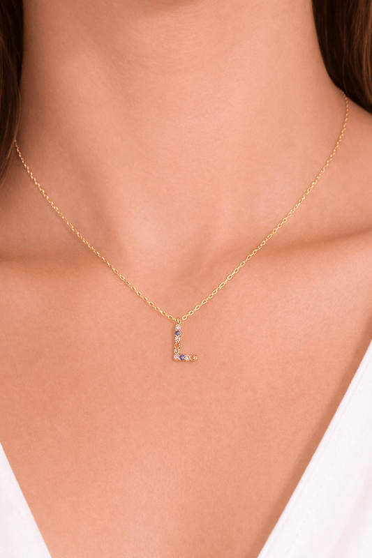 Beautiful chain for lady with charm with initial L with natural sapphires of gold colors 18k real size 18 - Alejandro Jewelry LLC