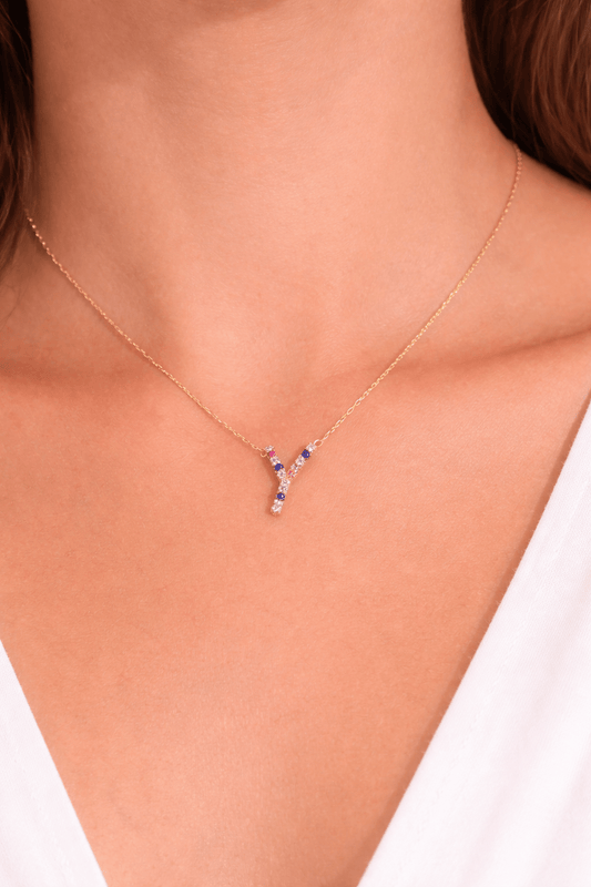 Beautiful chain for lady with initial Y with sapphire stones of natural gold colors 18k real size 18 - Alejandro Jewelry LLC