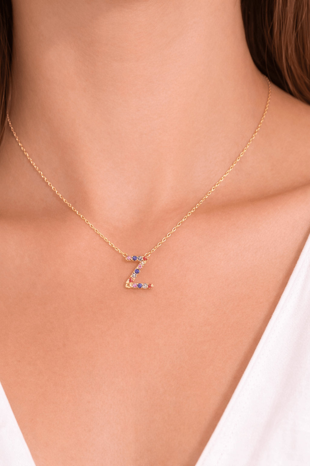 Beautiful chain for lady with initial z with sapphire stones of natural gold colors 18k real size 18 - Alejandro Jewelry LLC