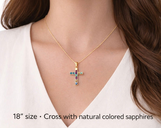 Chain with crus charm with natural sapphire stones of 18k real gold colors - Alejandro Jewelry LLC