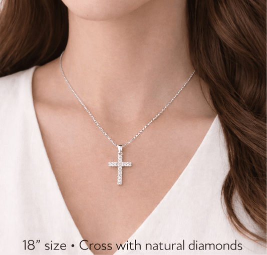 Real 14k white gold chain with cross charm with natural diamonds size 18 - Alejandro Jewelry LLC