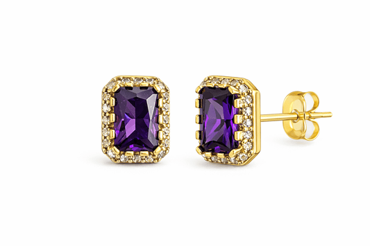 Set of earrings and charm with purple stone of real 10k gold - Alejandro Jewelry LLC