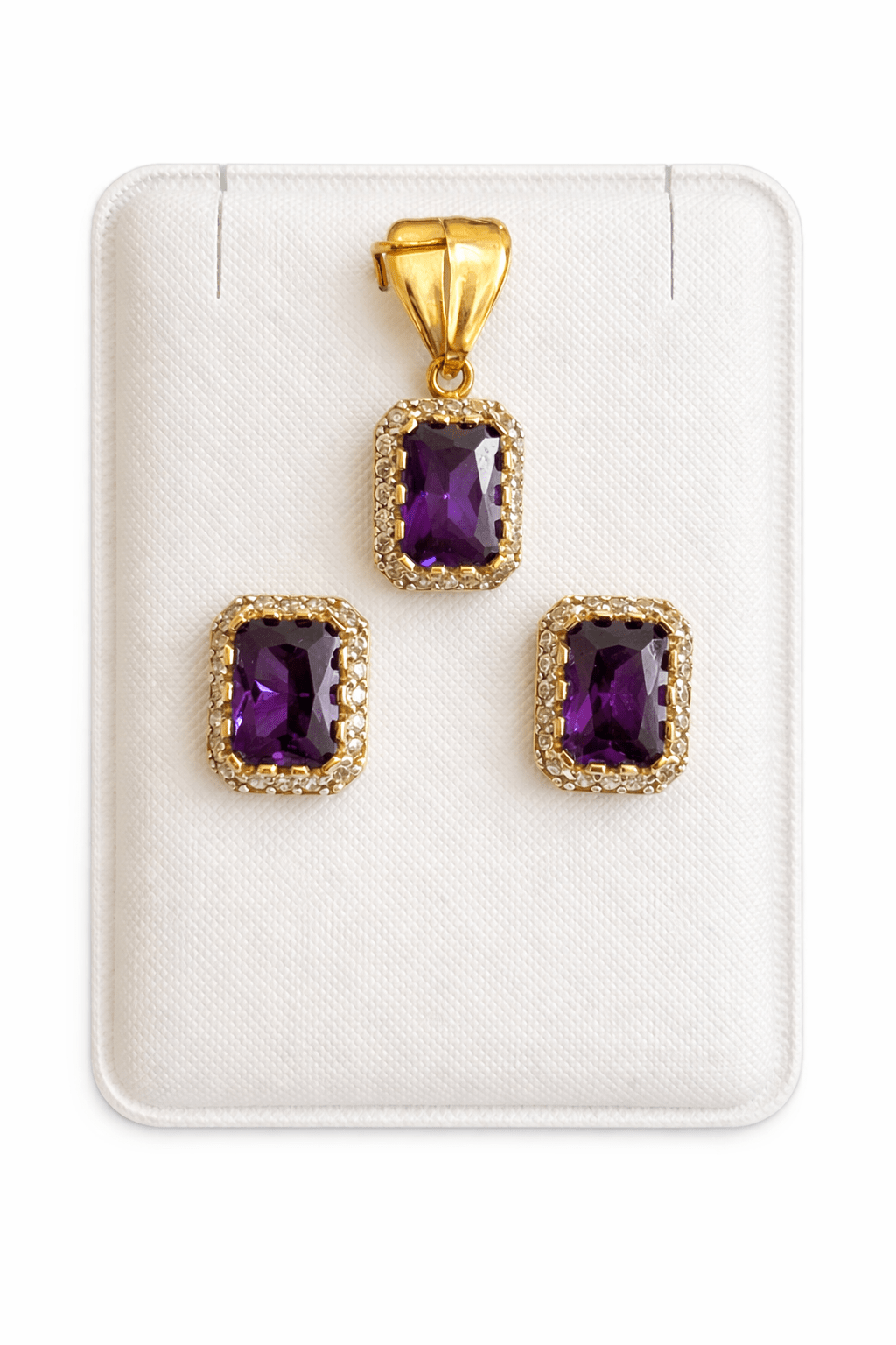 Set of earrings and charm with purple stone of real 10k gold - Alejandro Jewelry LLC
